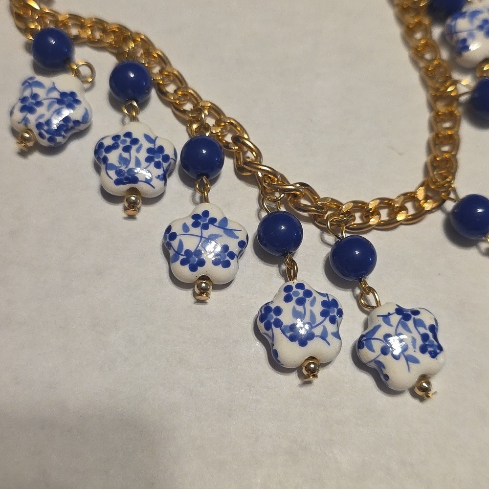 Gold and Blue Floral Necklace - Picture 9 of 16